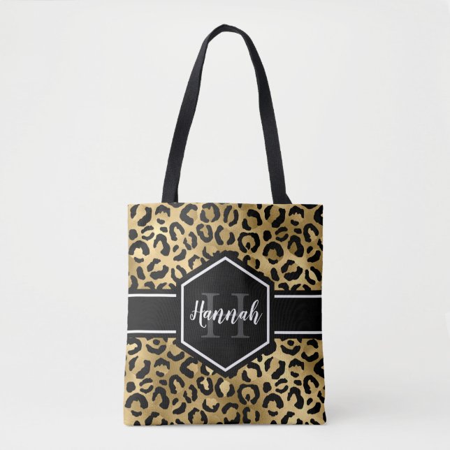 Guld Black Leopard Spots Monogram Tygkasse (Framsida)