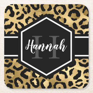 Guld Black Leopard Spots Monogram Underlägg Papper Kvadrat