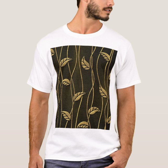 Guld & Black: Löv 3D Struktur. T Shirt (Framsida)