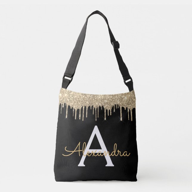 Guld Black Luxury Glitter Glam Monogram Namn Axelväska (Framsida)