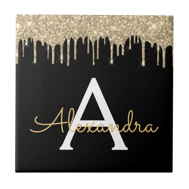 Guld Black Luxury Glitter Glam Monogram Namn Kakelplatta (Framsidan)
