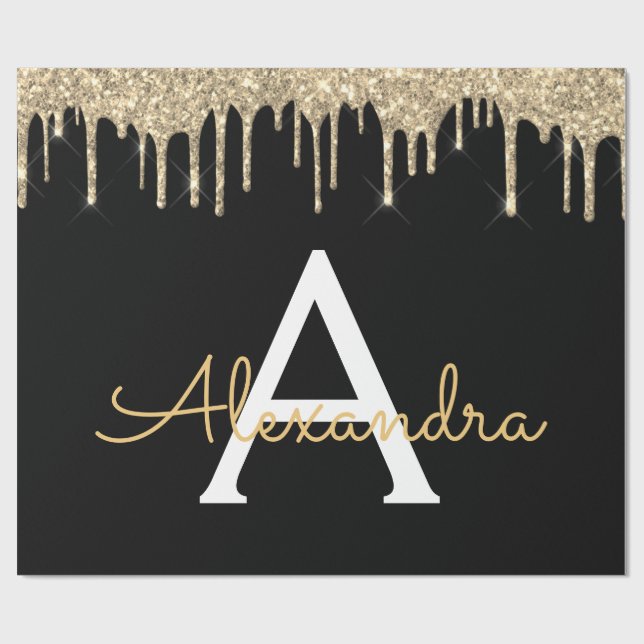 Guld Black Luxury Glitter Glam Monogram Namn Presentpapper (Platt)