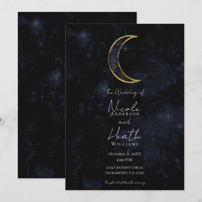 Guld Black Måne Celestial Night Starry Bröllop Inbjudningar (Fram/baksida)