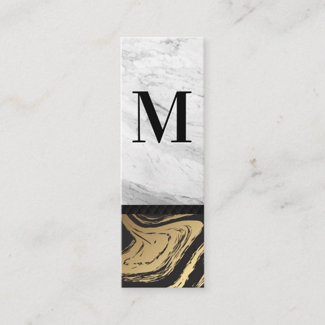Guld Black Marble | Vit marble Engraved Monogram Mini Visitkort (Framsida)