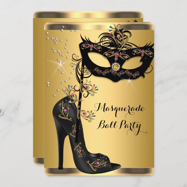 Guld Black Masquerae Boll Party Mask Jewel Inbjudningar (Fram/baksida)