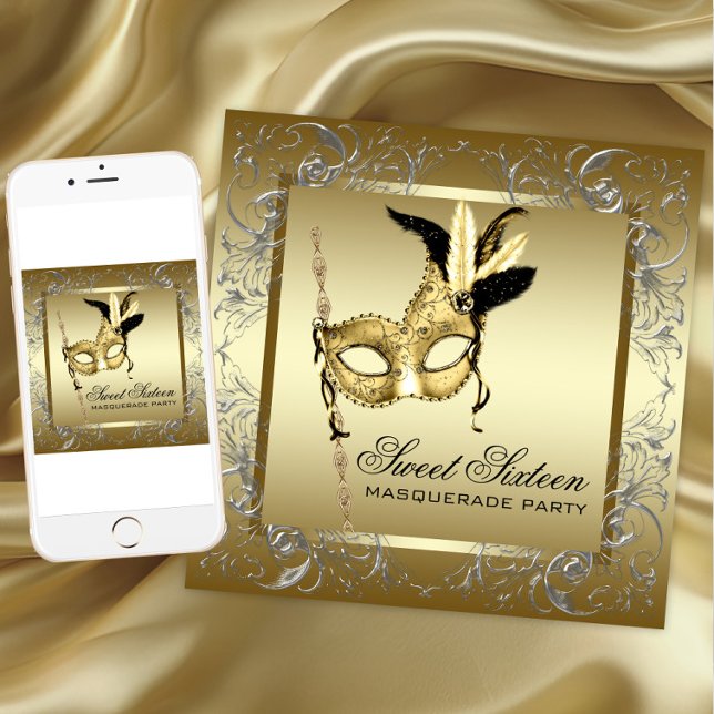 Guld Black MasqueraParty Inbjudningar (Any occasion masquerade party invitation. Add your text. Download and printed invitations available.)