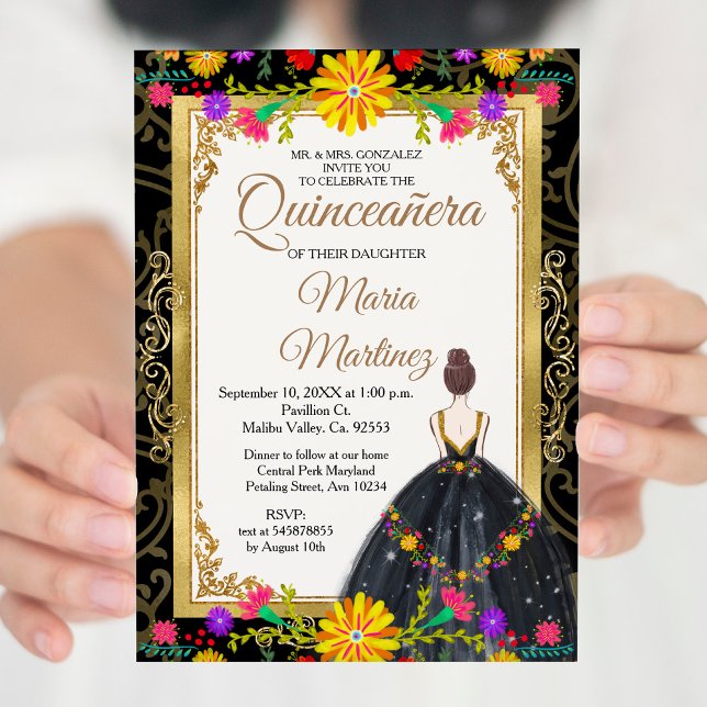 Guld Black med mexikanska blommor Quinceañera Inbjudningar (Skapare uppladdad)
