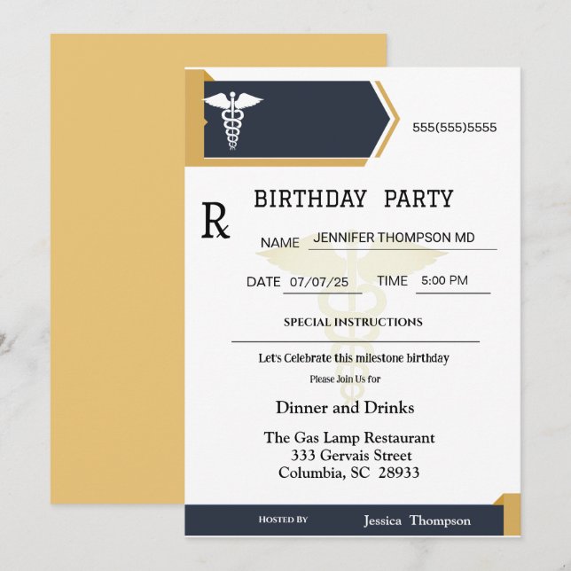 Guld Black Medical Prescription Pad Birthday Inbjudningar (Fram/baksida)