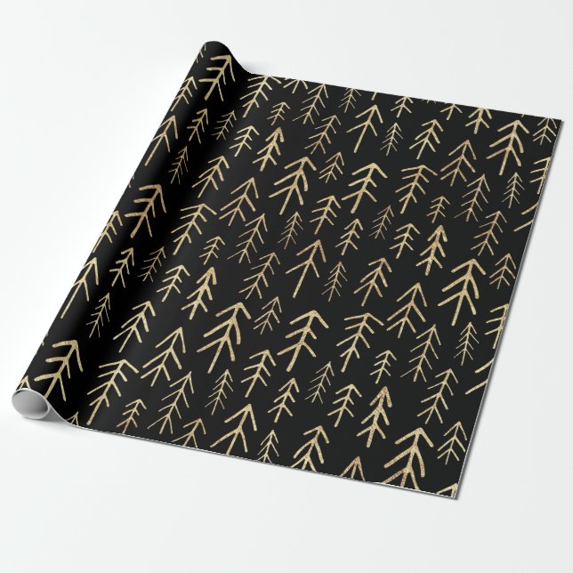 Guld Black Merry Träd Mönster Wrapping Papper Presentpapper (Utrullad)