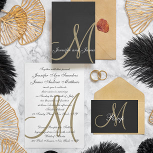 Guld Black Minimal Script Monogram Bröllop OSA Inbjudan Vykort