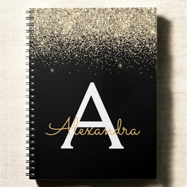 Guld Black Monogram Black Glitter Modern Anteckningsbok (Skapare uppladdad)