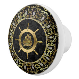 Guld & Black Nautical Boat & Ornate Ram Knopp