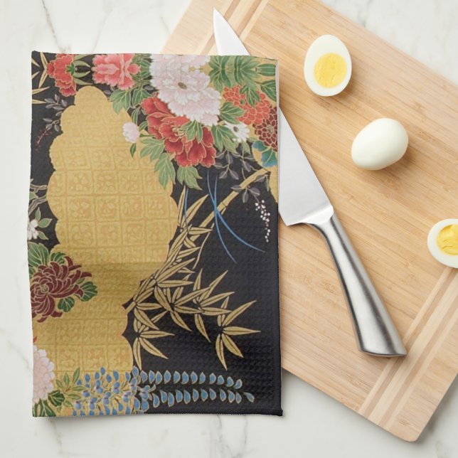 Guld Black Oriental Japansk Kimono Blommigt Kitche Kökshandduk (Vikt i Fjärdedel)