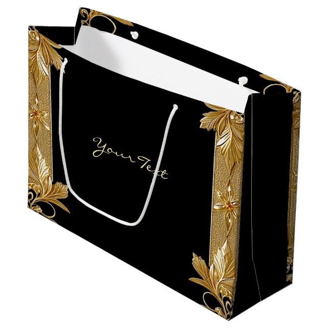 Guld Black Ornate Blommigt Gift Bag (Framsidan Vinklad)