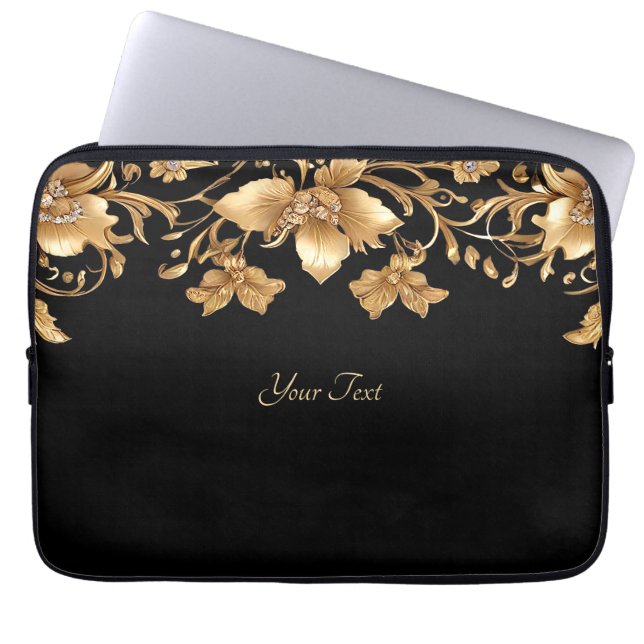 Guld Black Ornate Blommigt Laptop sleeve (Framsidan)