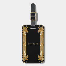 Guld Black Ornate Blommigt Luggage Tag