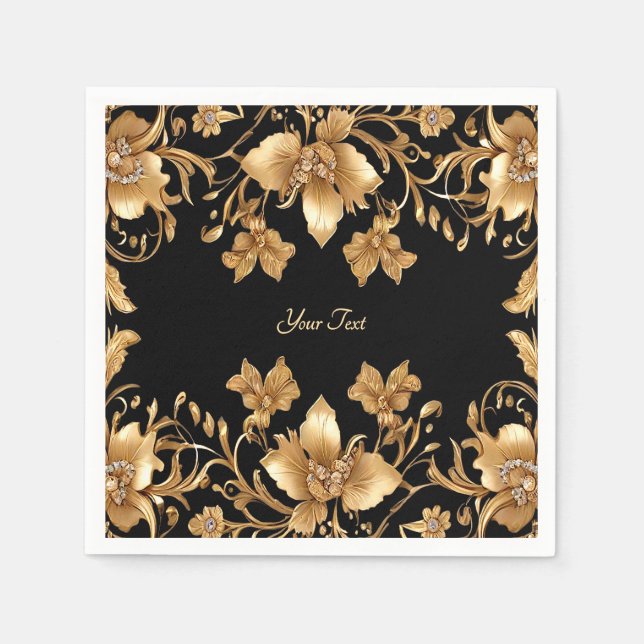 Guld Black Ornate Blommigt Napkins Pappersservett (Framsidan)