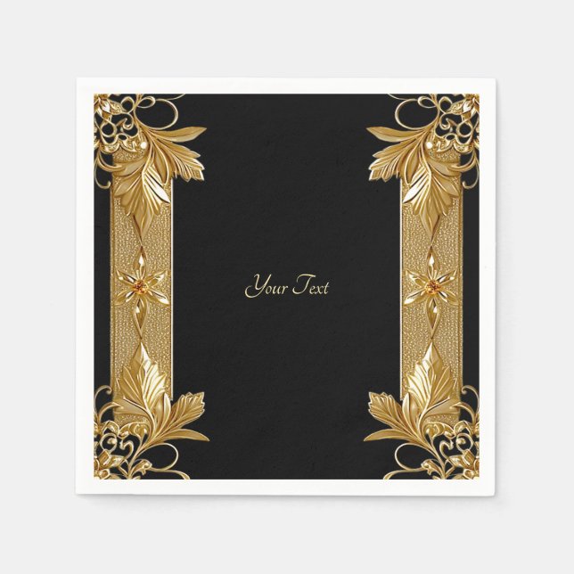 Guld Black Ornate Blommigt Napkins Pappersservett (Framsidan)