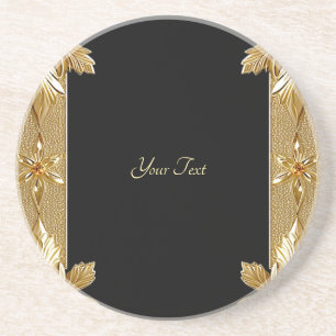 Guld Black Ornate Blommigt Sandstone Underlägg