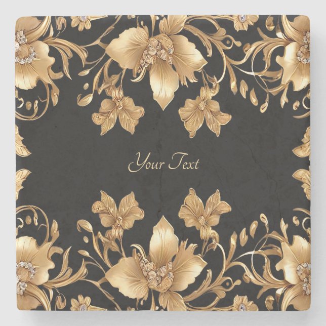 Guld Black Ornate Blommigt Stone Underlägg (Framsidan)