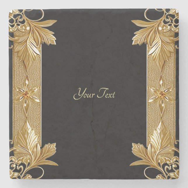 Guld Black Ornate Blommigt Stone Underlägg (Framsidan)