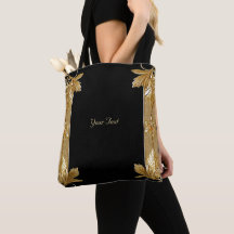 Guld Black Ornate Blommigt Tote Bag