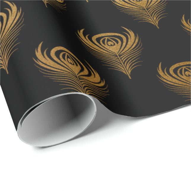 Guld Black Peacock Feathers Elegant Classic Presentpapper (Rullad Hörn)