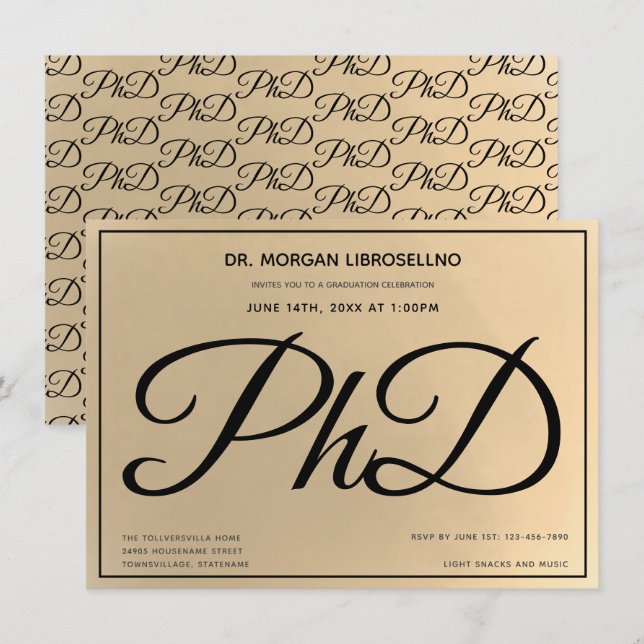 Guld Black PhD-Studentfest Inbjudningar (Fram/baksida)
