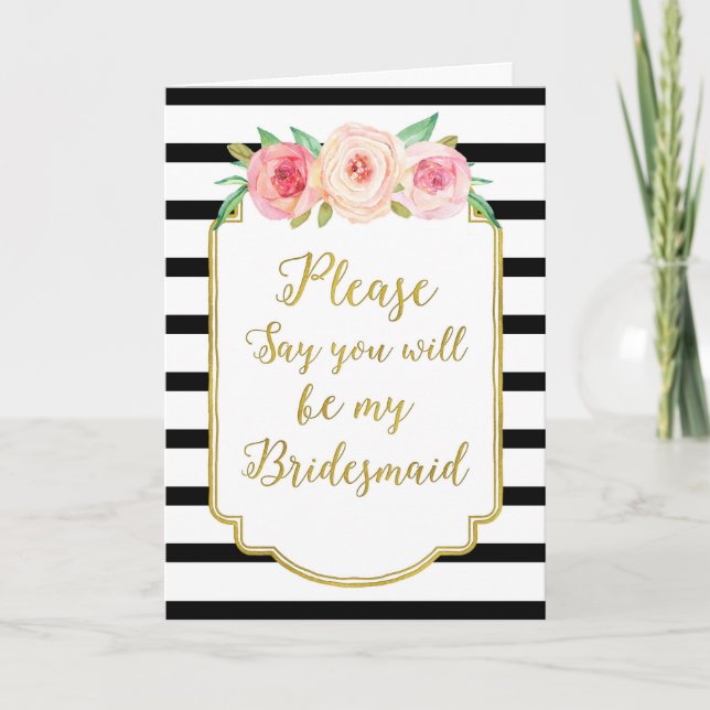 Guld Black Rand Rosa Vintage Blommigt  Bridesmaid Inbjudan (Framsida)