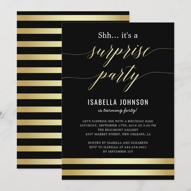 Guld & Black Rand Shh... Det är en överraskning Pa Inbjudningar (Fram/baksida)