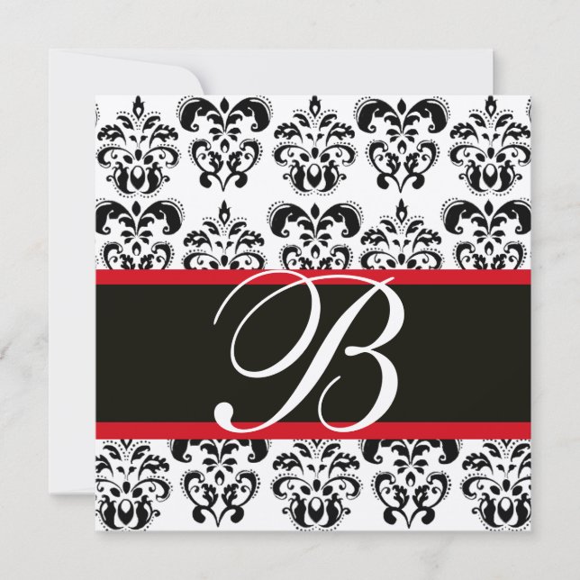 GULD & BLACK RED DAMASK MONOGRAM, vit Inbjudningar (Framsida)