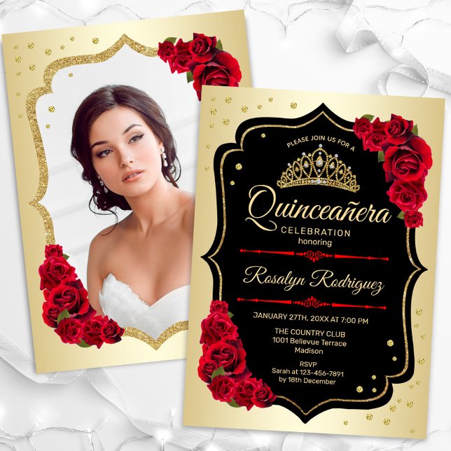 Guld Black Red Photo Quinceanera Inbjudningar (Skapare uppladdad)