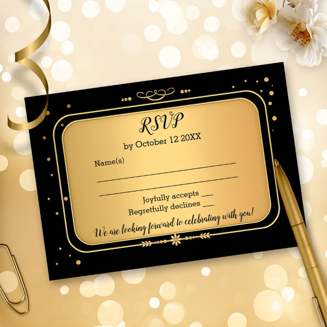 Guld Black Retro Chic Confetti OSA Kort (Elegant gold and black retro chic RSVP card with festive confetti sparkles.)