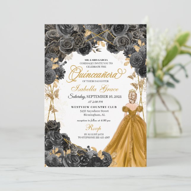 Guld Black Ro Butterfly Glitter Quinceañera Inbjudningar (Stående Fram)