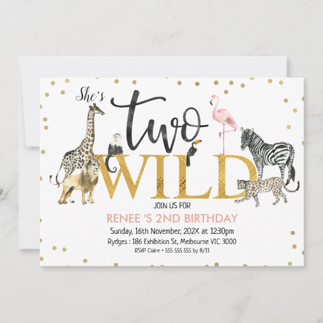 Guld Black Rosa Två Vilder Safari Animals Födelsed Inbjudningar (Framsida)