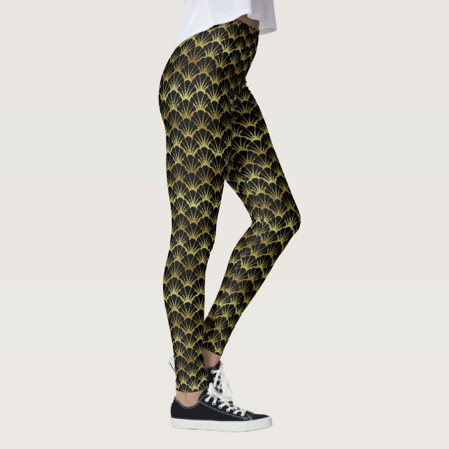 Guld Black Scallop Snäcka Art Deco Retro Mönster Leggings (Höger)