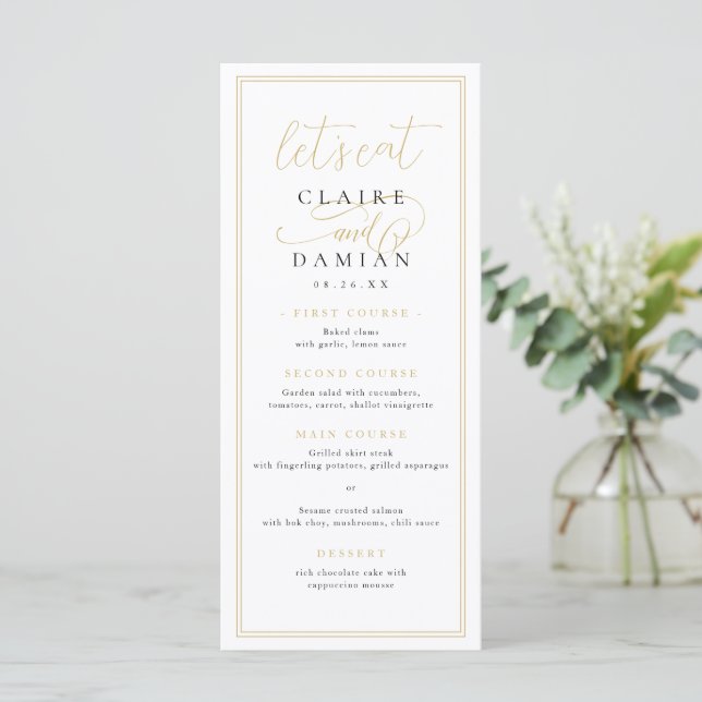 Guld Black Simple Elegance Romantic Script Bröllop Meny (Stående Fram)
