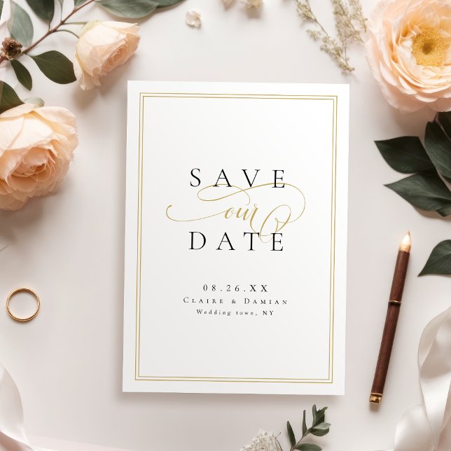 Guld Black Simple Elegance Romantic Script Bröllop Spara Datumet (Gold Black Simple Elegance Romantic Script Wedding Save The Date)