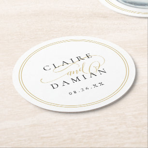 Guld Black Simple Elegance Romantic Script Bröllop Underlägg Papper Rund