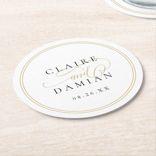 Guld Black Simple Elegance Romantic Script Bröllop Underlägg Papper Rund (Vinklad)