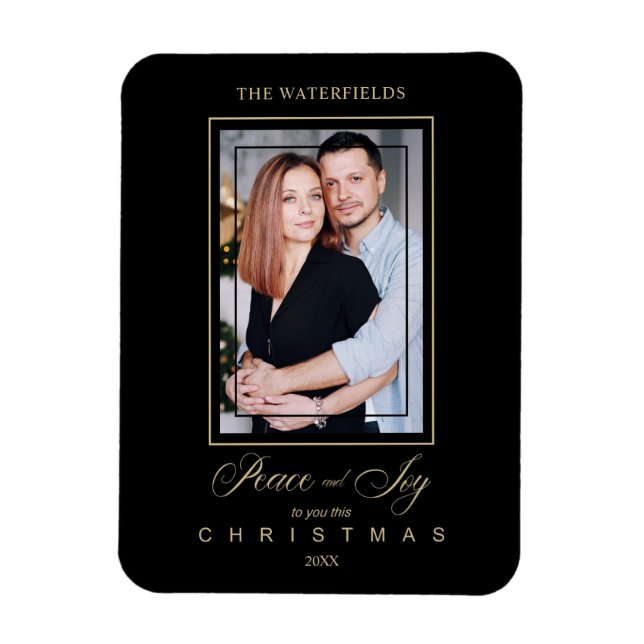 Guld Black Simple Modern Julfoto-familjen Magnet (Vertikal)