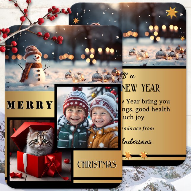 Guld Black Snögubbe Photo Jul Julkort (Elegant Christmas Holidays card featuring 2 custom photos on a gold and black snowman design)