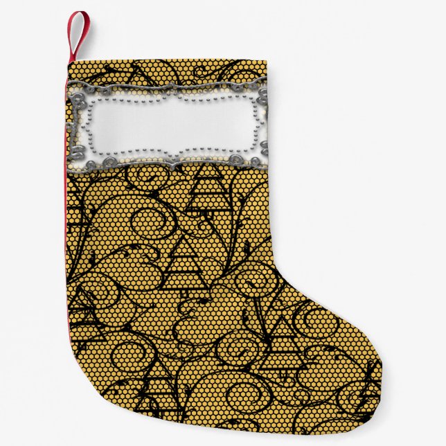 Guld & Black Snöre Träd eller Mantle Stocking Liten Julstrumpa (Framsidan)
