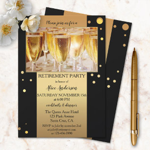 Guld Black Sparkling Confetti Photo Pension Inbjudningar