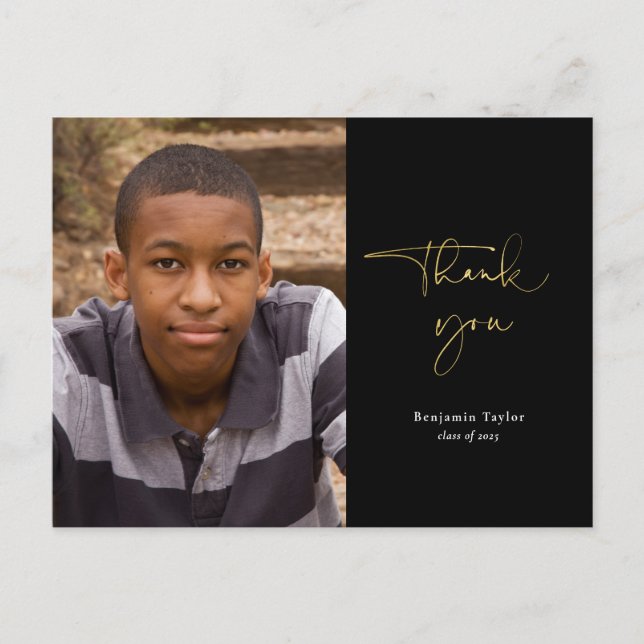 Guld & Black Studenten Tack med foto Vykort (Framsida)
