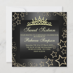 Guld/Black Sweet16 Star & Tiara Birthday Inbjudan