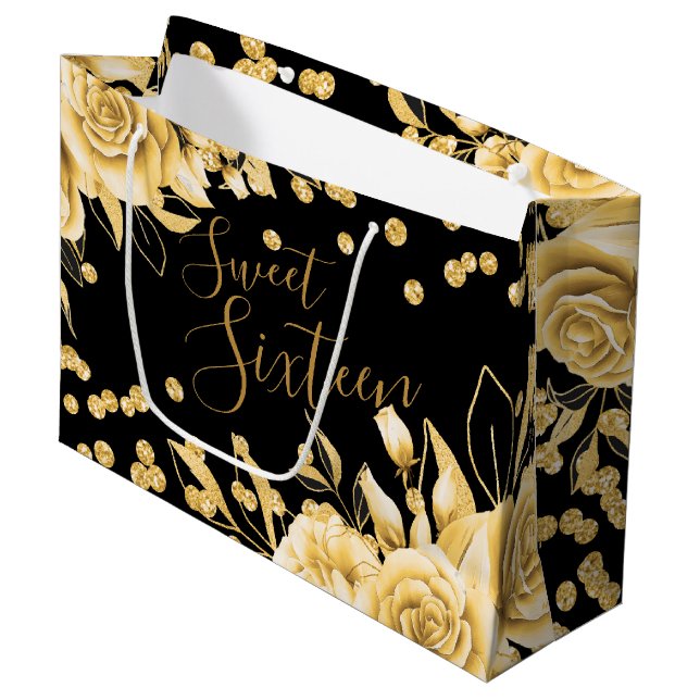 Guld Black Sweet 16 Glitter confetti-Blommigt (Framsidan Vinklad)