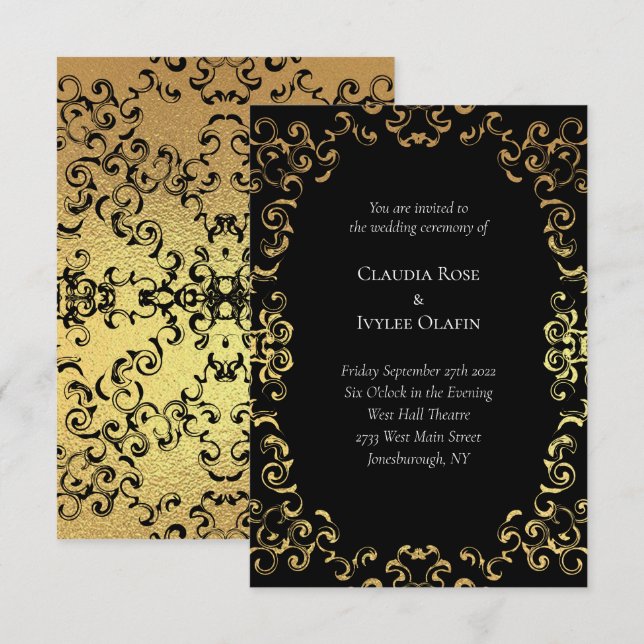 Guld & Black Swirl Gothic Bröllop Inbjudningar (Fram/baksida)
