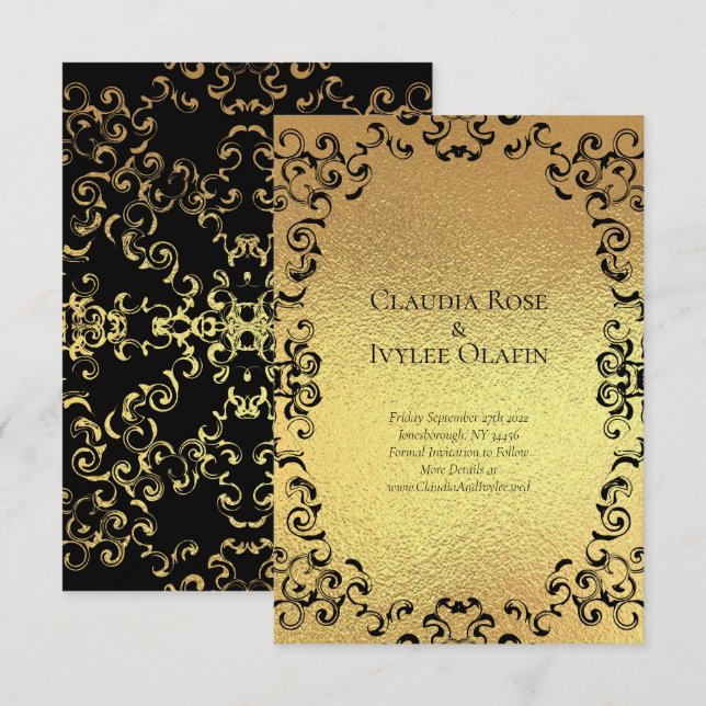 Guld & Black Swirl Gothic Bröllop Inbjudningar (Fram/baksida)
