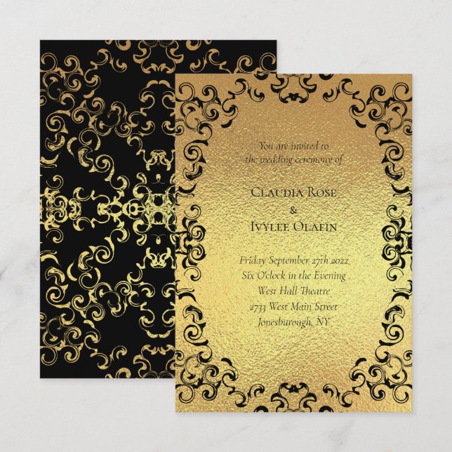 Guld & Black Swirl Gothic Bröllop Inbjudningar (Fram/baksida)